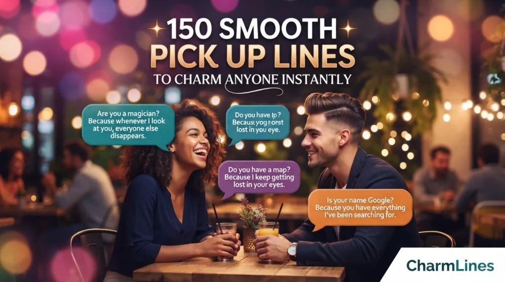 Title:150 Smooth Pick Up Lines to Charm Anyone Instantly Create a high-quality blog featured image for the above article in a 16:9 aspect ratio. Design Instructions: Design the image theme, colors, background elements, and visual style according to the article’s topic and content. Make sure the featured image visually represents the main idea, mood, and subject of the article. Add a small 1-inch parallelogram directly attached to the bottom-right corner of the image, with no padding, margin, or spacing from the edges. The parallelogram must touch both the right and bottom edges exactly. Use RGB color (255, 255, 255) for the parallelogram, ensuring it blends cleanly and professionally with the overall design while maintaining a sharp, polished appearance. Use RGB colour (255, 255, 255) for the parallelogram. Position the parallelogram exactly at the corner so it blends neatly and professionally with the overall layout. Inside the parallelogram, add the website name “CharmLines” in the theme color text. Keep the typography clean, modern, readable, and professionally aligned within the shape. Use high-quality visuals, balanced composition, and attractive styling suitable for a professional blog featured image. Ensure the final design is modern, eye-catching, and optimised for blog and social media sharing, also mentions some lines on it 150 Smooth Pick Up Lines to Charm Anyone Instantly