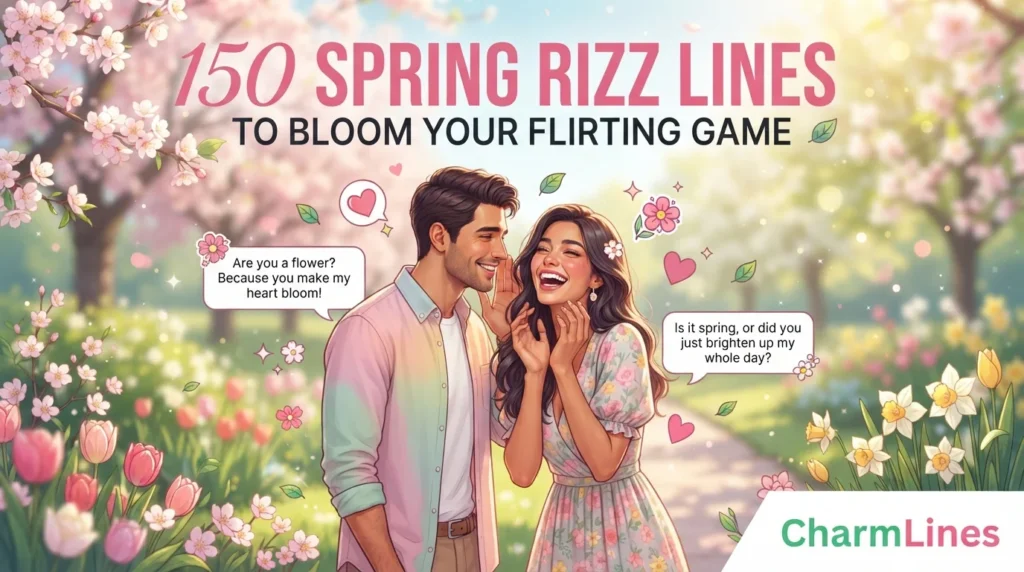 Title: 150 Spring Rizz Lines to Bloom Your Flirting Game Create a high-quality blog featured image for the above article in a 16:9 aspect ratio. Design Instructions: Design the image theme, colors, background elements, and visual style according to the article’s topic and content. Make sure the featured image visually represents the main idea, mood, and subject of the article. Add a small 1-inch parallelogram directly attached to the bottom-right corner of the image, with no padding, margin, or spacing from the edges. The parallelogram must touch both the right and bottom edges exactly. Use RGB color (255, 255, 255) for the parallelogram, ensuring it blends cleanly and professionally with the overall design while maintaining a sharp, polished appearance. Use RGB colour (255, 255, 255) for the parallelogram. Position the parallelogram exactly at the corner so it blends neatly and professionally with the overall layout. Inside the parallelogram, add the website name “CharmLines” in the theme color text. Keep the typography clean, modern, readable, and professionally aligned within the shape. Use high-quality visuals, balanced composition, and attractive styling suitable for a professional blog featured image. Ensure the final design is modern, eye-catching, and optimised for blog and social media sharing, also mentions some lines on it 150 Spring Rizz Lines to Bloom Your Flirting Game