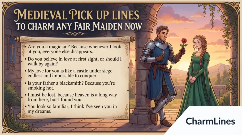 Title: Medieval Pick Up Lines to Charm Any Fair Maiden Now Create a high-quality blog featured image for the above article in a 16:9 aspect ratio. Design Instructions: Design the image theme, colors, background elements, and visual style according to the article’s topic and content. Make sure the featured image visually represents the main idea, mood, and subject of the article. Add a small 1-inch parallelogram directly attached to the bottom-right corner of the image, with no padding, margin, or spacing from the edges. The parallelogram must touch both the right and bottom edges exactly. Use RGB color (255, 255, 255) for the parallelogram, ensuring it blends cleanly and professionally with the overall design while maintaining a sharp, polished appearance. Use RGB colour (255, 255, 255) for the parallelogram. Position the parallelogram exactly at the corner so it blends neatly and professionally with the overall layout. Inside the parallelogram, add the website name “CharmLines” in the theme color text. Keep the typography clean, modern, readable, and professionally aligned within the shape. Use high-quality visuals, balanced composition, and attractive styling suitable for a professional blog featured image. Ensure the final design is modern, eye-catching, and optimised for blog and social media sharing, also mentions some lines on it Medieval Pick Up Lines to Charm Any Fair Maiden Now