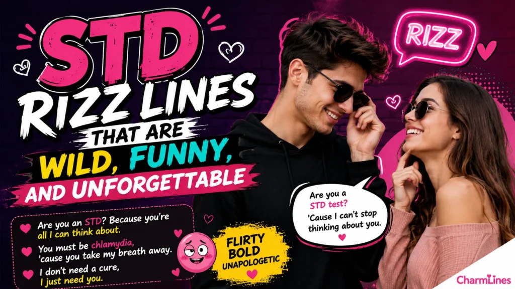 Title: STD Rizz Lines That Are Wild, Funny, and Unforgettable Create a high-quality blog featured image for the above article in a 16:9 aspect ratio. Design Instructions: Design the image theme, colors, background elements, and visual style according to the article’s topic and content. Make sure the featured image visually represents the main idea, mood, and subject of the article. Add a small 1-inch parallelogram directly attached to the bottom-right corner of the image, with no padding, margin, or spacing from the edges. The parallelogram must touch both the right and bottom edges exactly. Use RGB color (255, 255, 255) for the parallelogram, ensuring it blends cleanly and professionally with the overall design while maintaining a sharp, polished appearance. Use RGB colour (255, 255, 255) for the parallelogram. Position the parallelogram exactly at the corner so it blends neatly and professionally with the overall layout. Inside the parallelogram, add the website name “CharmLines” in the theme color text. Keep the typography clean, modern, readable, and professionally aligned within the shape. Use high-quality visuals, balanced composition, and attractive styling suitable for a professional blog featured image. Ensure the final design is modern, eye-catching, and optimised for blog and social media sharing, also mentions some lines on it STD Rizz Lines That Are Wild, Funny, and Unforgettable