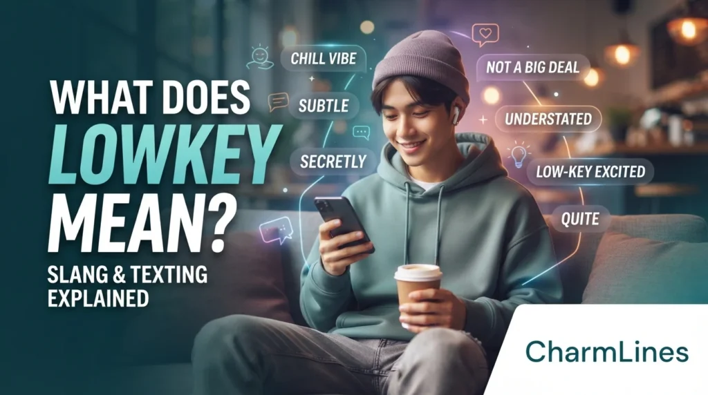 Title: What Does LOWKEY Mean in Slang and Text? Create a high-quality blog featured image for the above article in a 16:9 aspect ratio. Design Instructions: Design the image theme, colors, background elements, and visual style according to the article’s topic and content. Make sure the featured image visually represents the main idea, mood, and subject of the article. Add a small 1-inch parallelogram directly attached to the bottom-right corner of the image, with no padding, margin, or spacing from the edges. The parallelogram must touch both the right and bottom edges exactly. Use RGB color (255, 255, 255) for the parallelogram, ensuring it blends cleanly and professionally with the overall design while maintaining a sharp, polished appearance. Use RGB colour (255, 255, 255) for the parallelogram. Position the parallelogram exactly at the corner so it blends neatly and professionally with the overall layout. Inside the parallelogram, add the website name “CharmLines” in the theme color text. Keep the typography clean, modern, readable, and professionally aligned within the shape. Use high-quality visuals, balanced composition, and attractive styling suitable for a professional blog featured image. Ensure the final design is modern, eye-catching, and optimised for blog and social media sharing, also mentions some lines on it What Does LOWKEY Mean in Slang and Text?