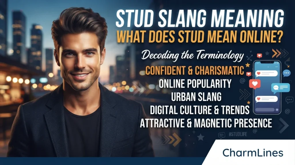 Title: STUD Slang Meaning: What Does Stud Mean Online? Create a high-quality blog featured image for the above article in a 16:9 aspect ratio. Design Instructions: Design the image theme, colors, background elements, and visual style according to the article’s topic and content. Make sure the featured image visually represents the main idea, mood, and subject of the article. Add a small 1-inch parallelogram directly attached to the bottom-right corner of the image, with no padding, margin, or spacing from the edges. The parallelogram must touch both the right and bottom edges exactly. Use RGB color (255, 255, 255) for the parallelogram, ensuring it blends cleanly and professionally with the overall design while maintaining a sharp, polished appearance. Use RGB colour (255, 255, 255) for the parallelogram. Position the parallelogram exactly at the corner so it blends neatly and professionally with the overall layout. Inside the parallelogram, add the website name “CharmLines” in the theme color text. Keep the typography clean, modern, readable, and professionally aligned within the shape. Use high-quality visuals, balanced composition, and attractive styling suitable for a professional blog featured image. Ensure the final design is modern, eye-catching, and optimised for blog and social media sharing, also mentions some lines on it  STUD Slang Meaning: What Does Stud Mean Online?